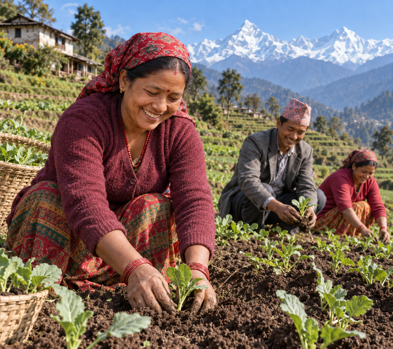 Farmers tending a vegetable plot in rural Nepal